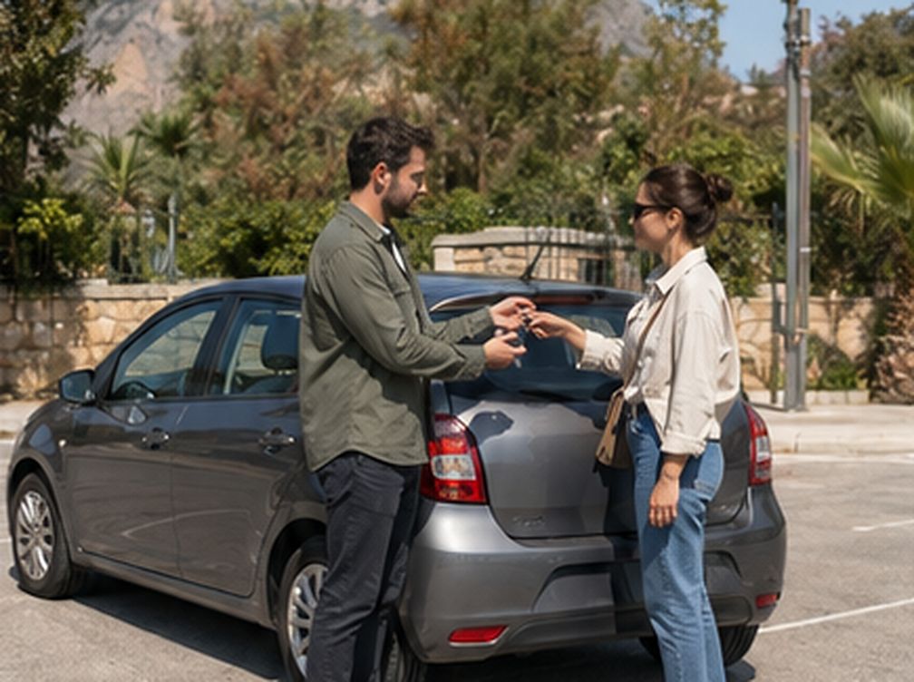 Due conducenti si scambiano le chiavi accanto a un’auto parcheggiata