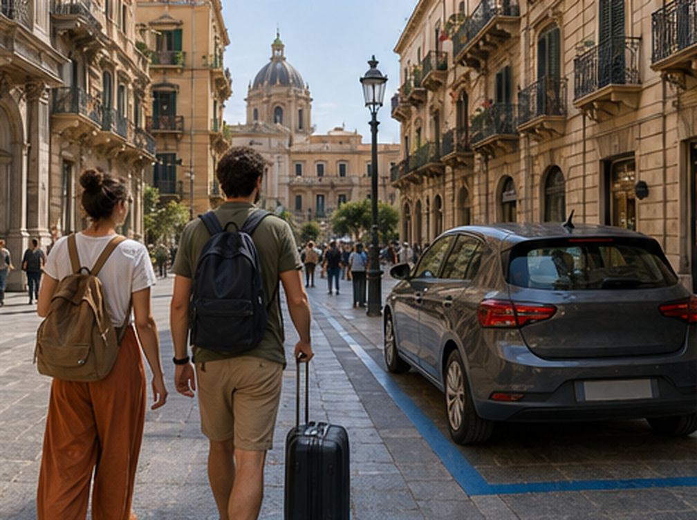 Viaggiatori percorrono a piedi una strada del centro storico di Palermo