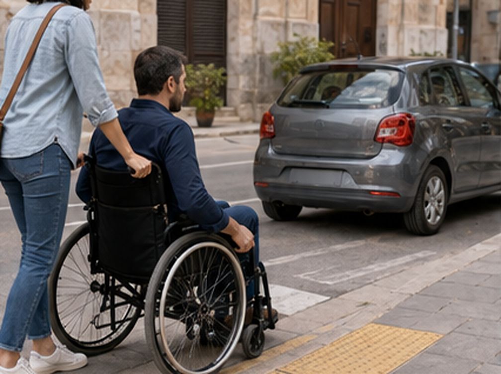 Persona in sedia a rotelle usa un raccordo accessibile vicino a un’auto