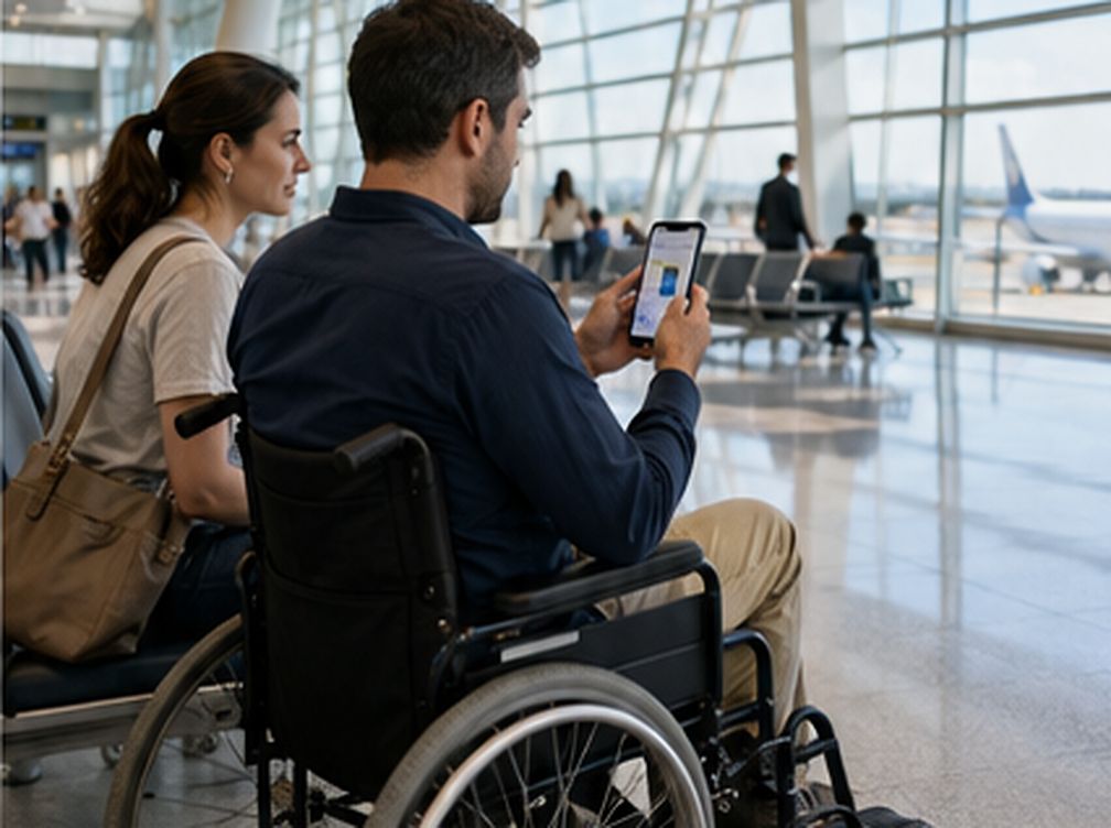 Viaggiatore in sedia a rotelle consulta il telefono nel terminal aeroportuale
