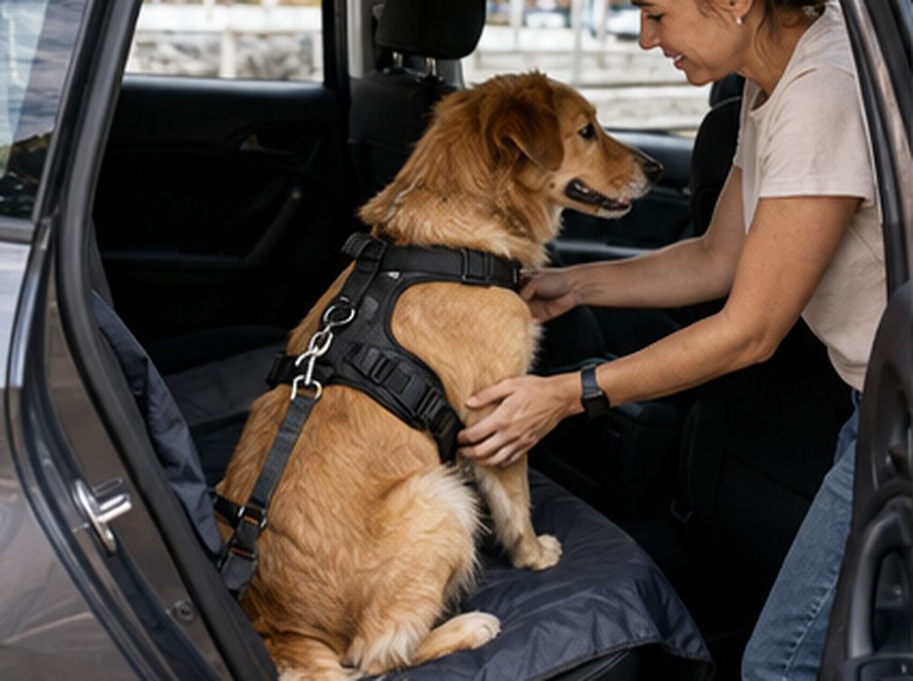 Cane assicurato con una pettorina sul sedile posteriore dell’auto
