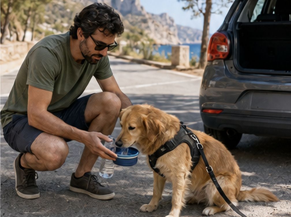 Viaggiatore offre acqua al cane durante una sosta all’ombra