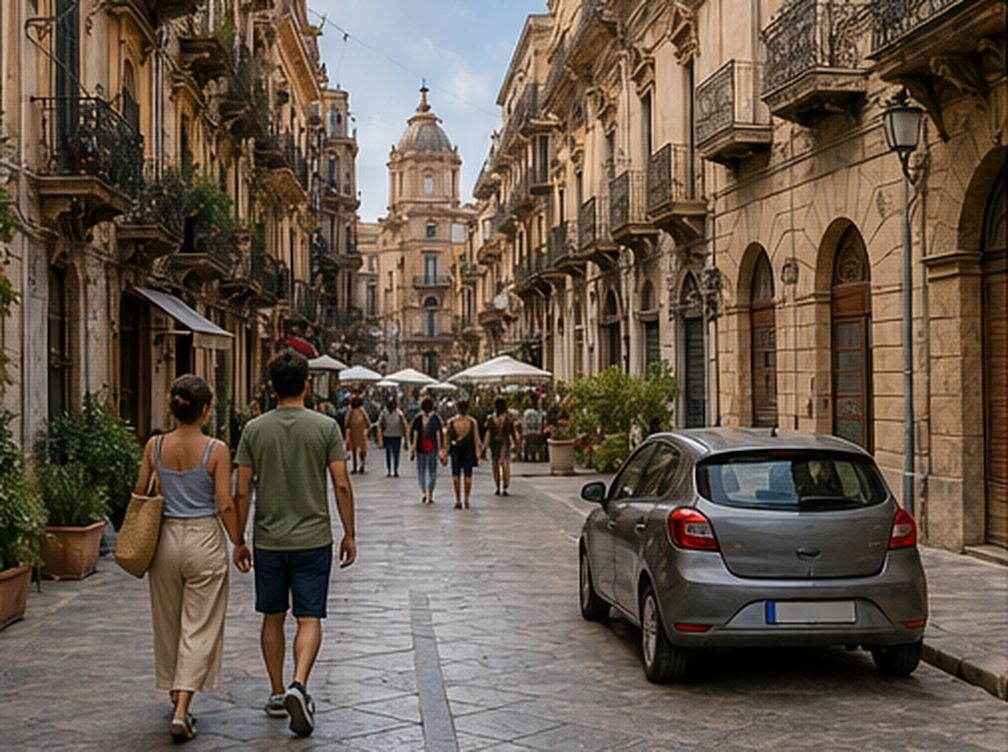 Viaggiatori a piedi nel centro storico di Palermo accanto a un’auto parcheggiata