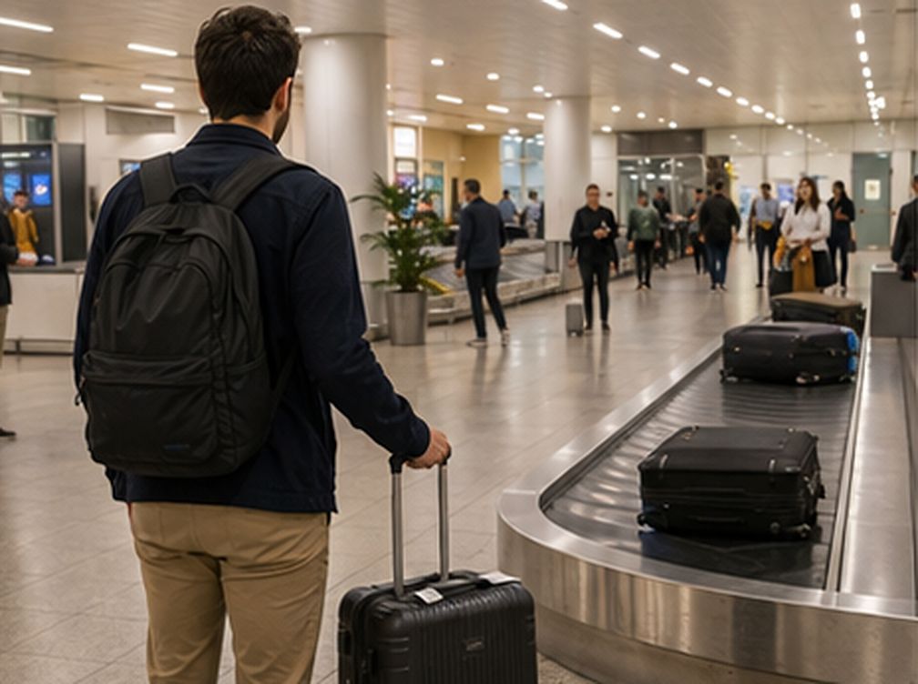 Viaggiatore solo attende la valigia nell’area arrivi dell’aeroporto
