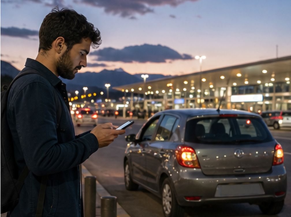 Viaggiatore consulta le istruzioni di ritiro fuori dal terminal al tramonto