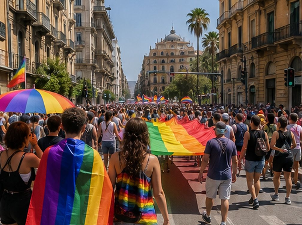 Corteo colorato e inclusivo lungo una strada del centro di Palermo