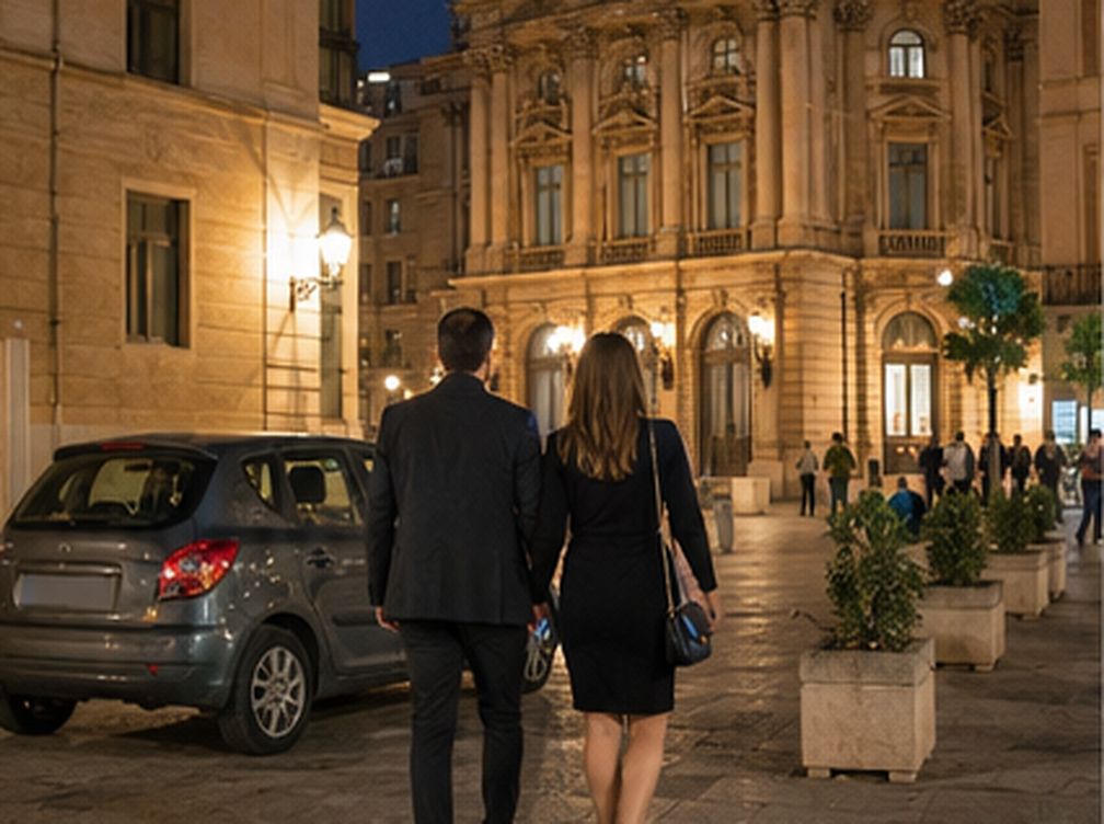 Coppia raggiunge a piedi un teatro di Palermo per uno spettacolo serale