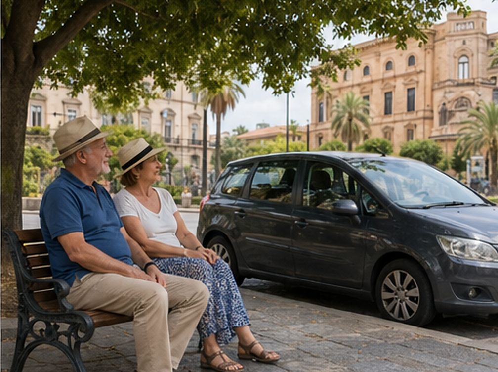 Viaggiatori senior riposano su una panchina vicino all’auto parcheggiata